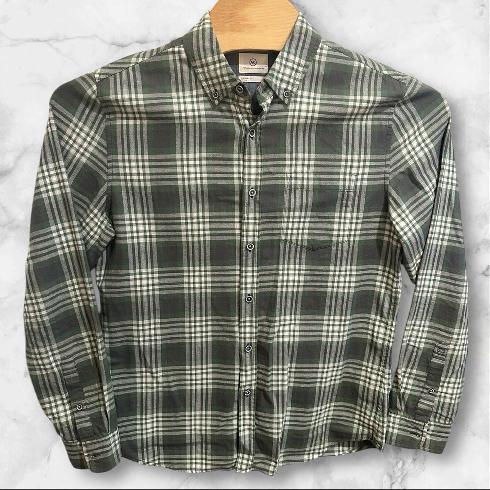 AG Adriano Goldschmied Mens Medium Gray Casual Plaid  Button Down Pocket Logo‎